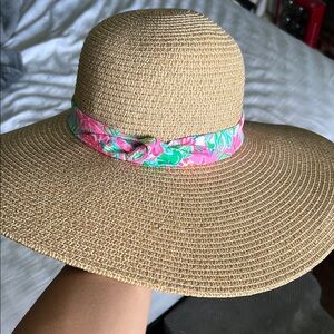 Lilly Pulitzer Tan and Pink Sun Hat with Wide Brim